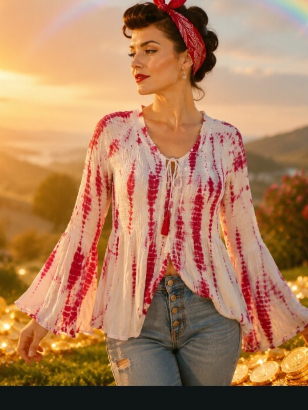 Charlie Paige Pink and White Tie-Dye Peasant Tunic with Bell Sleeves